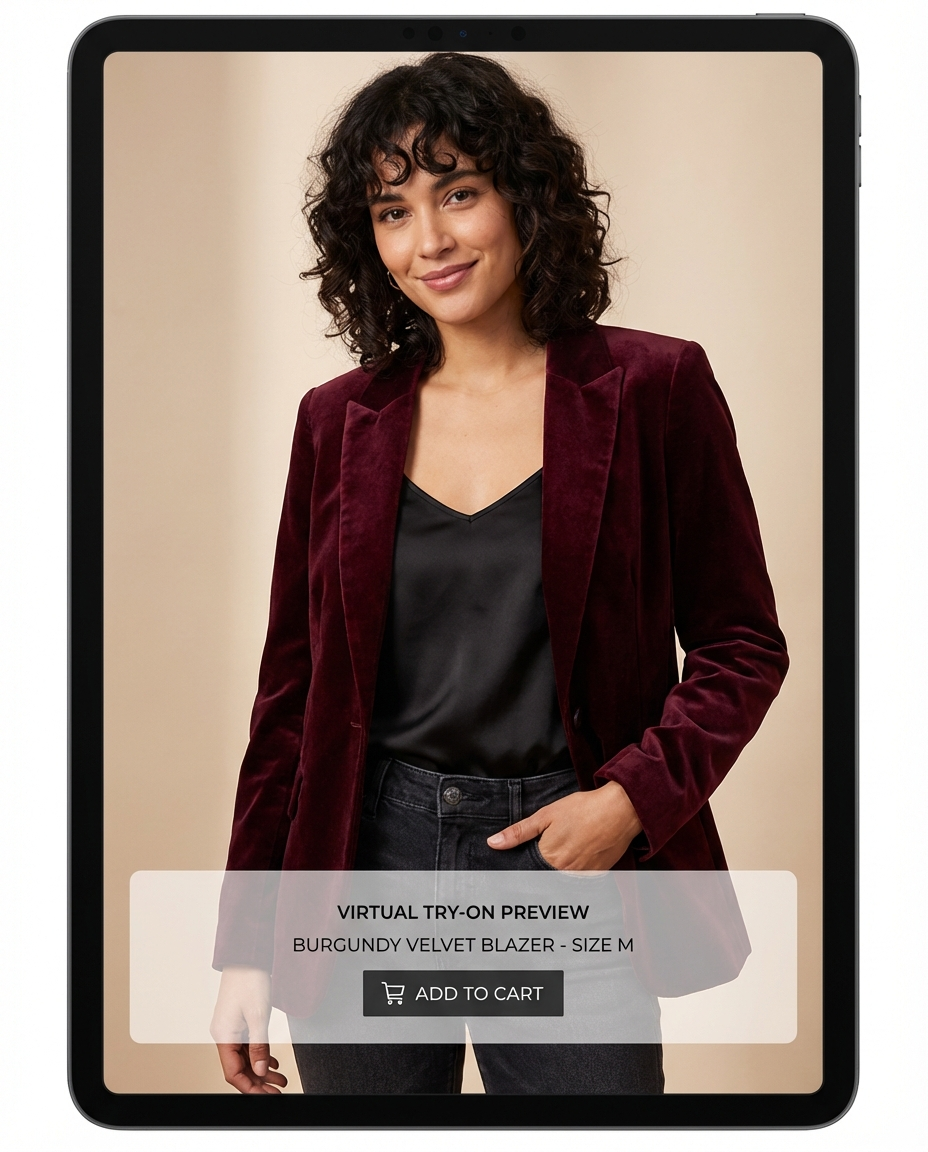 Virtual try-on result for burgundy blazer on customer