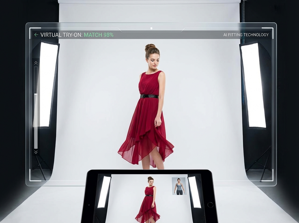 AI-generated try-on preview of red cocktail dress